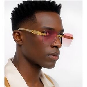 Men Sunglasses Rectangular Diamond Cut Sophisticated Pink Lens Marble Arms UV400